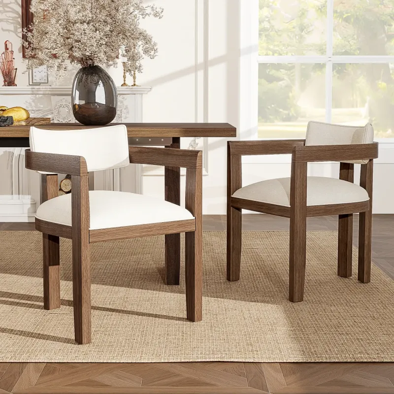 Solid Wood Dining Chairs with Armrests (Set of 2) - Walnut & Beige Linen
