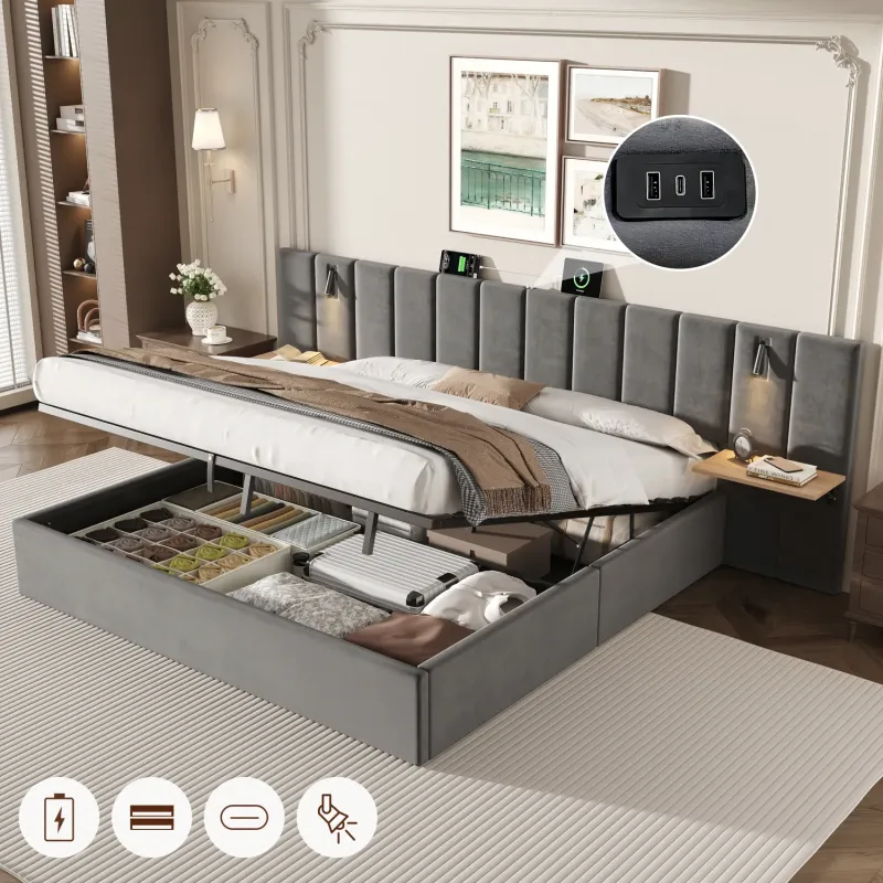 Super King Velvet Ottoman Bed with Charging Station and Reading Lights - Grey