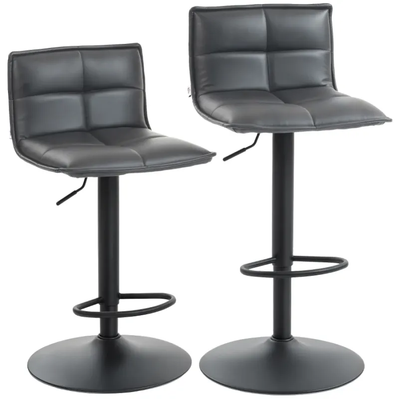  Set of 2 Faux Leather Adjustable Swivel Bar Stools - Dark Grey