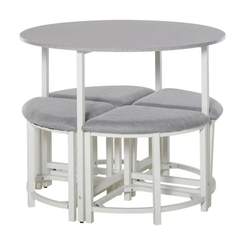 Modern 5-Piece Round Dining Table Set with 4 Space-Saving Stools - Grey