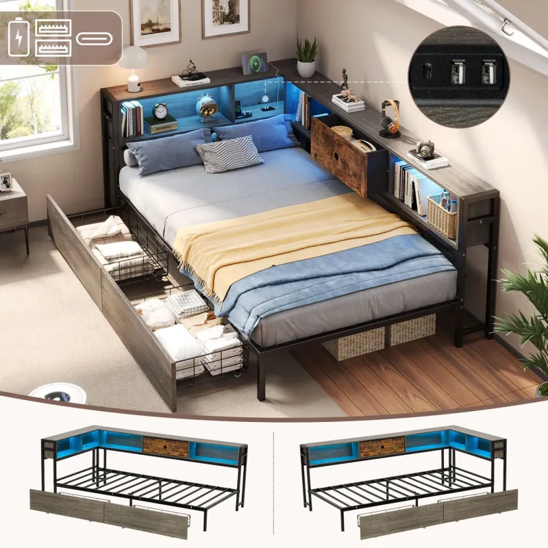3ft Single Metal and Wood Storage Bed with LED Headboard, Charging Station and Drawers - Rustic Brown & Grey