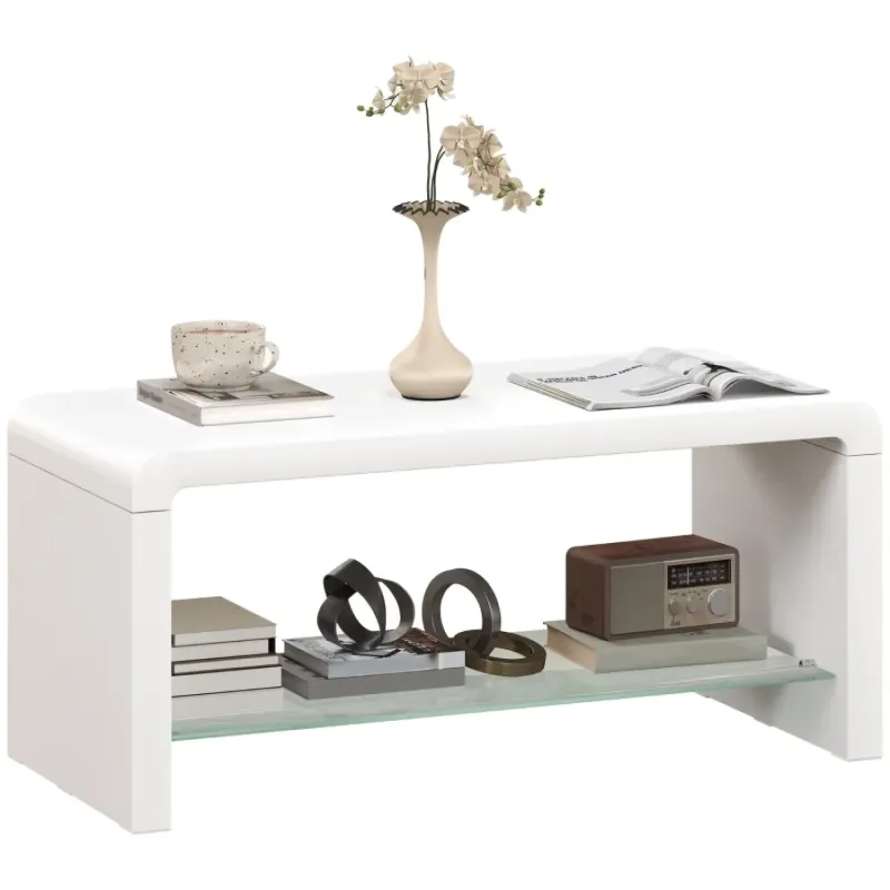 Curved Coffee Table, High Gloss in White, with Glass Shelf