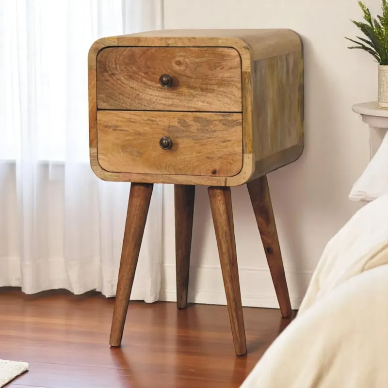 Solid Mango Wood Curved Bedside Table with 2 Drawers - Oak-ish Finish