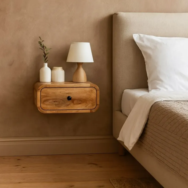Avora Solid Mango Wood Wall-Mounted Bedside Table, Oak-ish