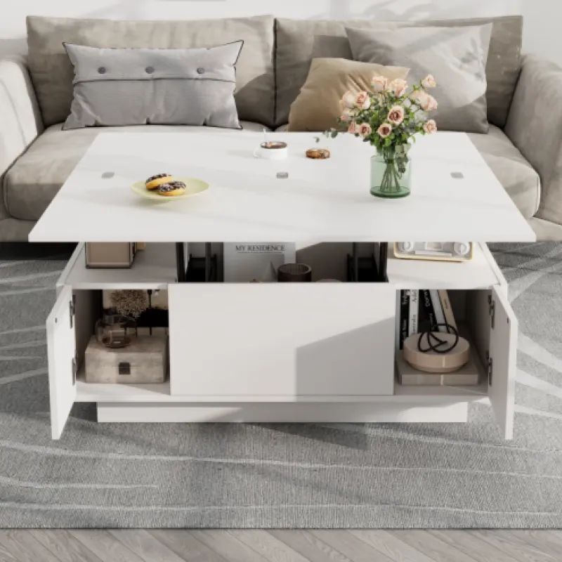 White Lift-Up Coffee Table with Dual Lifting Platforms and Hidden Storage