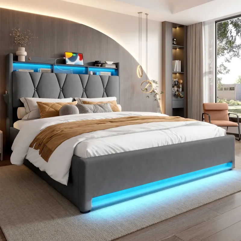 Velvet Ottoman Storage Bed with LED Headboard and USB Charging - Dark Grey