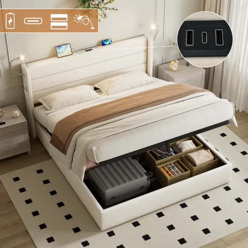 King Upholstered Ottoman Bed with USB Charging Station and LED Reading Lights - Beige