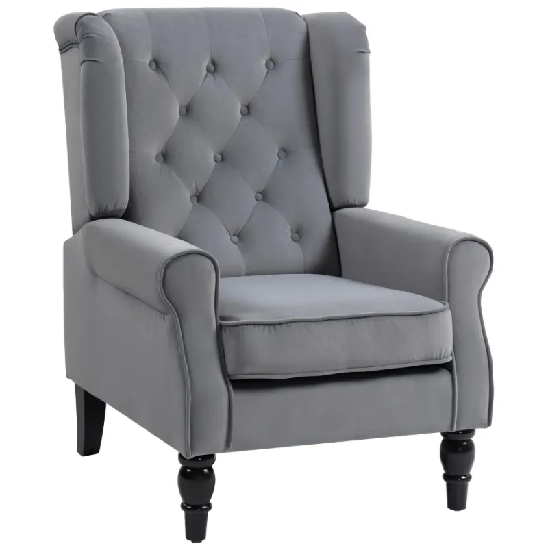  Wingback Accent Chair, Retro Button Tufted Occasional Armchair - Light Grey