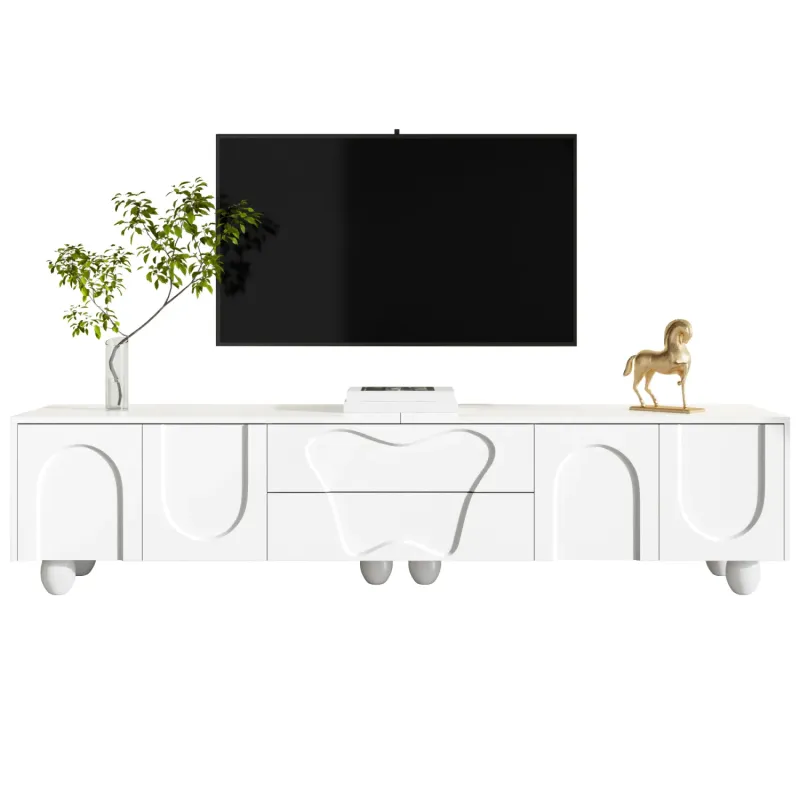 PB TV Unit, 180cm, in White, with Solid Wood Legs and Curved Doors