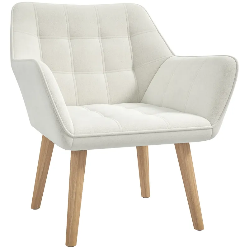 Velvet-Feel Armchair in Cream White with Wide Arms and Lattice Detail