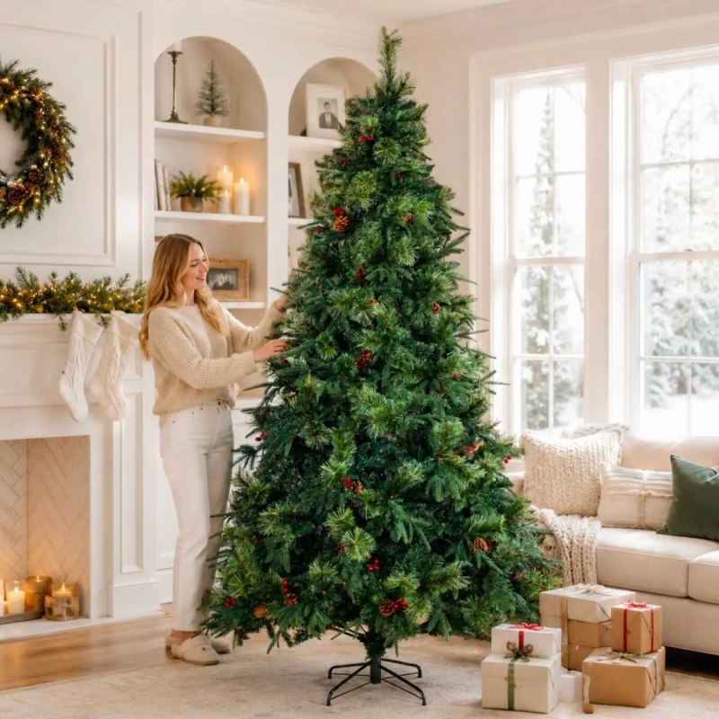 8.5ft Green Artificial Christmas Tree with Pine Cones and Red Berries