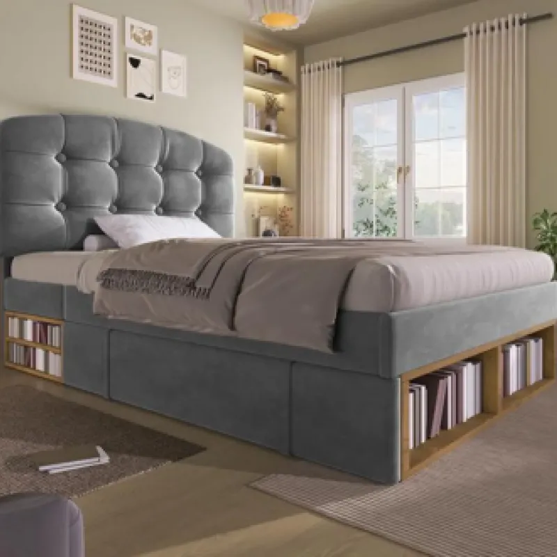 Velvet Upholstered Storage Bed with Drawers and Shelving, 3ft Single, Grey