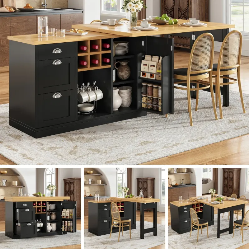 Wood Grain Extendable Sideboard & Dining Table, 120-197cm, in White and Black, with 3 Drawers and Wine Rack