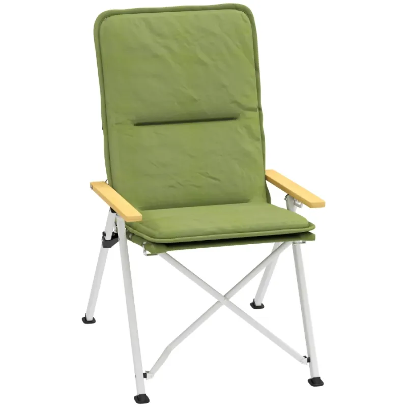 Adjustable Reclining Camping Chair with Padded Seat and Beechwood Armrests - Green