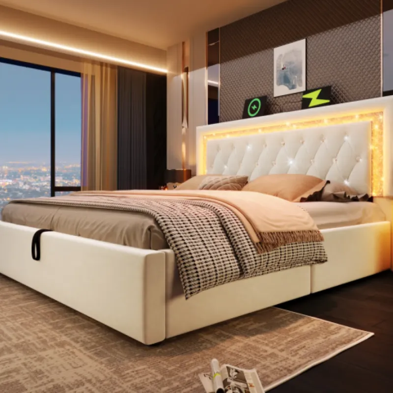 Super King Velvet Upholstered Ottoman Bed with LED Lighting and USB Charging - Beige