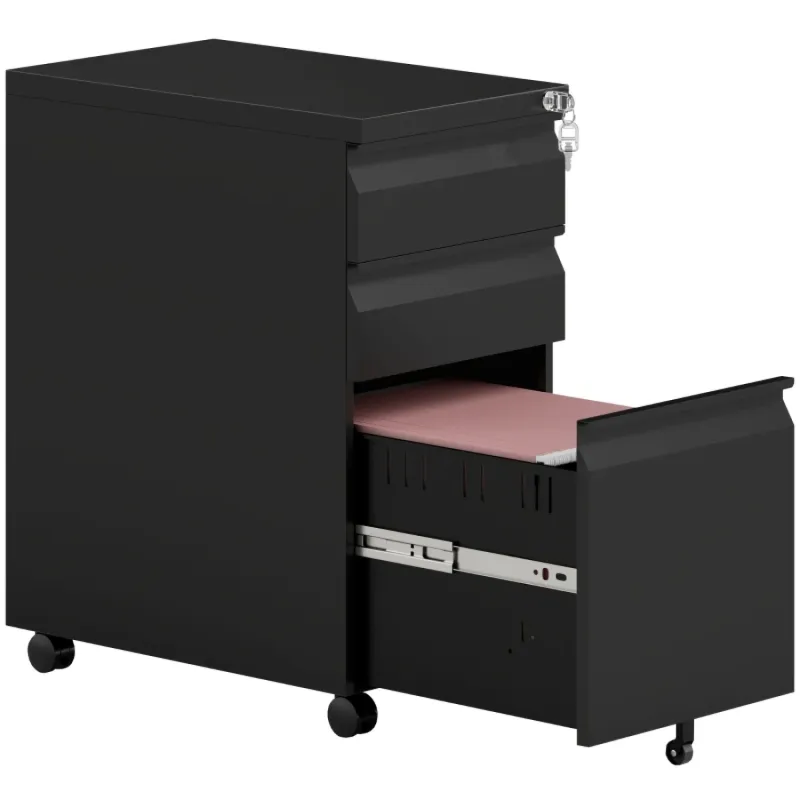 3-Drawer Under Desk Steel Filing Cabinet with Lock - Black