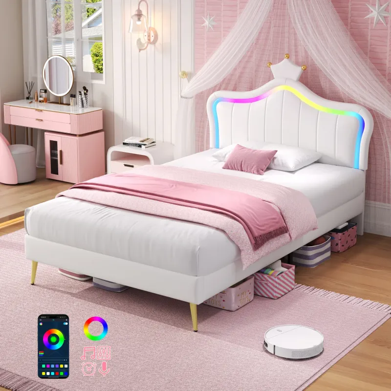 3ft Single Upholstered Bed with LED Crown Headboard - Cream White