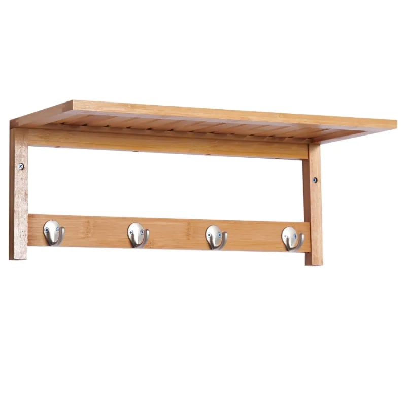 Natural Wood Wall Mounted Coat Rack with Shelf and 4 Hooks