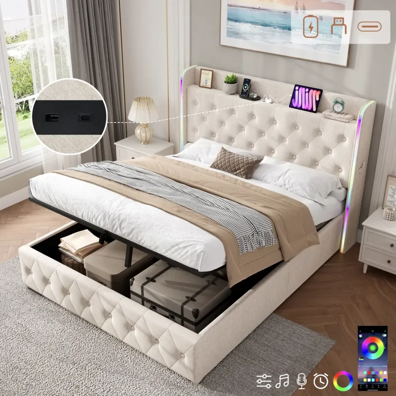 4ft6 Double Upholstered Ottoman Bed Frame with LED Headboard and Charging Station - Beige Linen