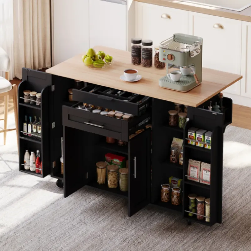 Kitchen Island with Foldable Tabletop, 2 Drawers and Storage Cabinets