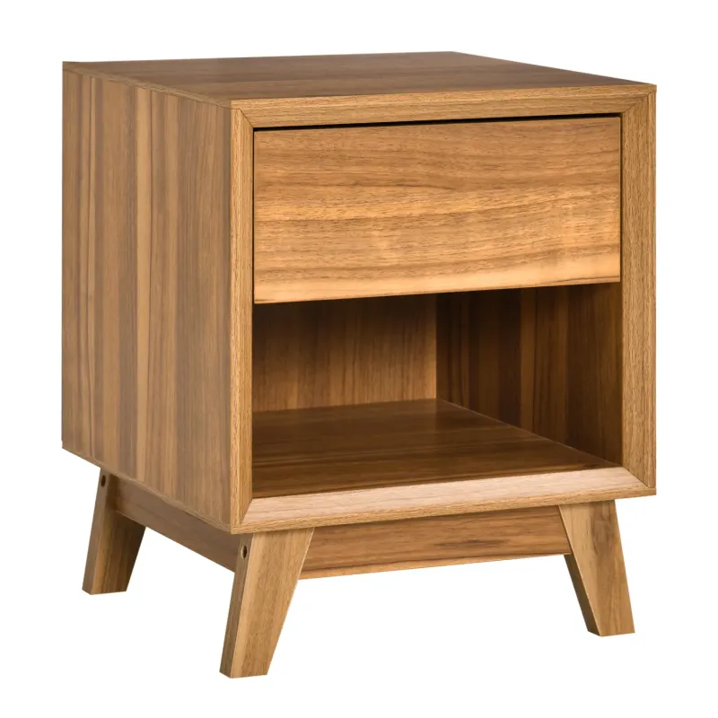 Walnut Wood-Effect Bedside Table with Drawer and Shelf