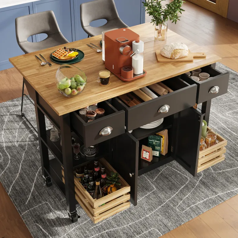 Mobile Kitchen Island Trolley with Drop-Leaf Breakfast Bar & 3 Drawers - Black