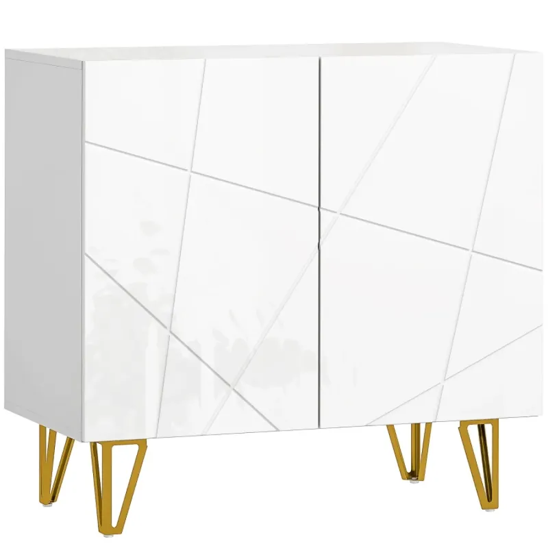 White High Gloss Sideboard with Gold Accents and Hairpin Legs