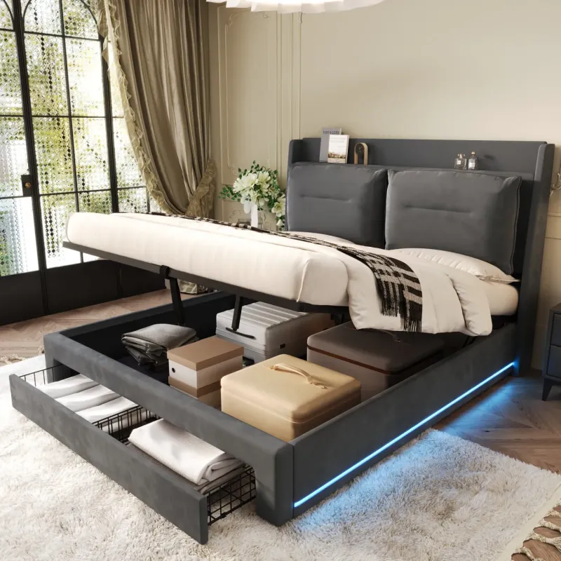 Velvet Upholstered Ottoman Storage Double Bed with LED Lighting and Drawers - Dark Grey
