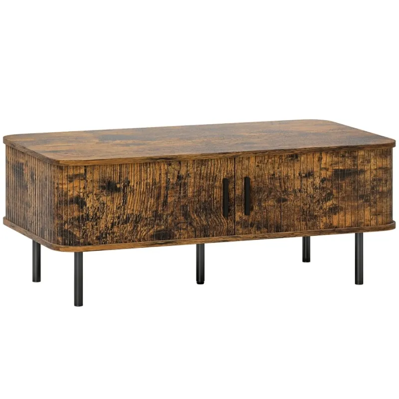 Mid-Century Style Coffee Table with Slatted Tambour Sliding Doors - Rustic Brown