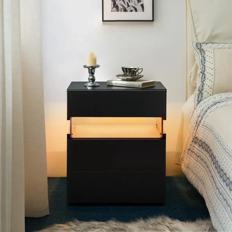 Black 3-Drawer Bedside Table with RGB LED Lights and Acrylic Panel
