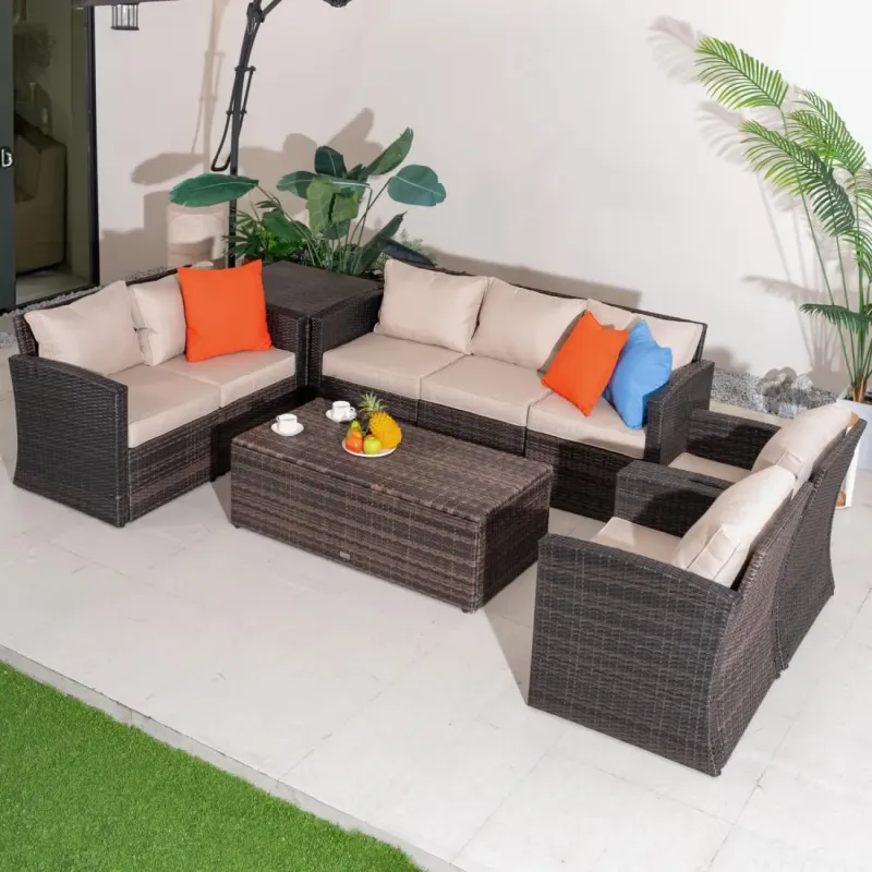 7 Seater Modular Rattan Garden Lounge Set with Integrated Storage Tables