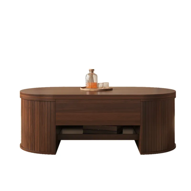 Rectangular Lift-Top Coffee Table, Wood Grain Finish in Natural, with Curved Slatted Sides and Storage