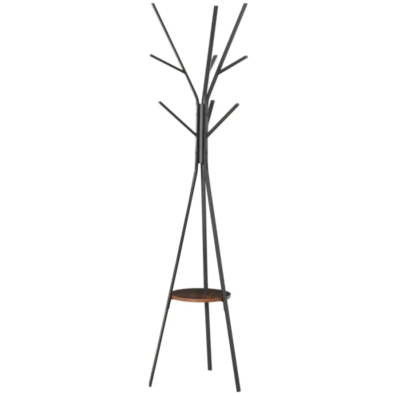 Freestanding Metal Coat Rack with 9 Hooks and Storage Shelf - Brown