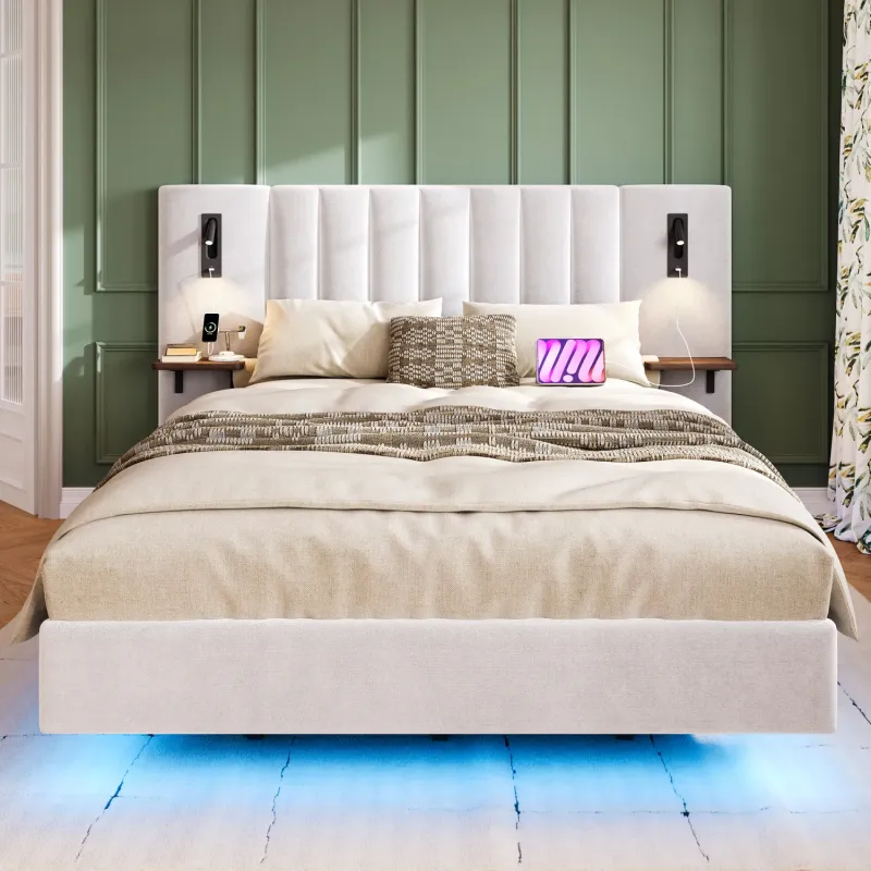 White Velvet Upholstered 4ft6 Double Bed with LED Lighting, Reading Lamps and USB Ports