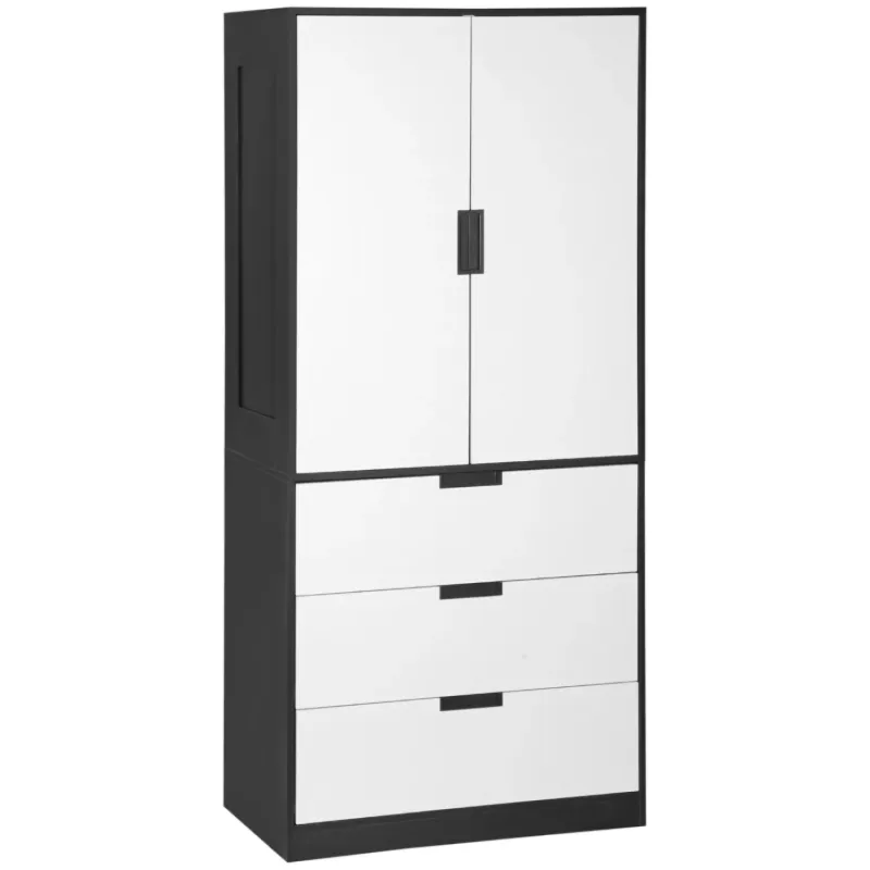 2-Door Modern Wardrobe with 3 Drawers and Hanging Rail - Black