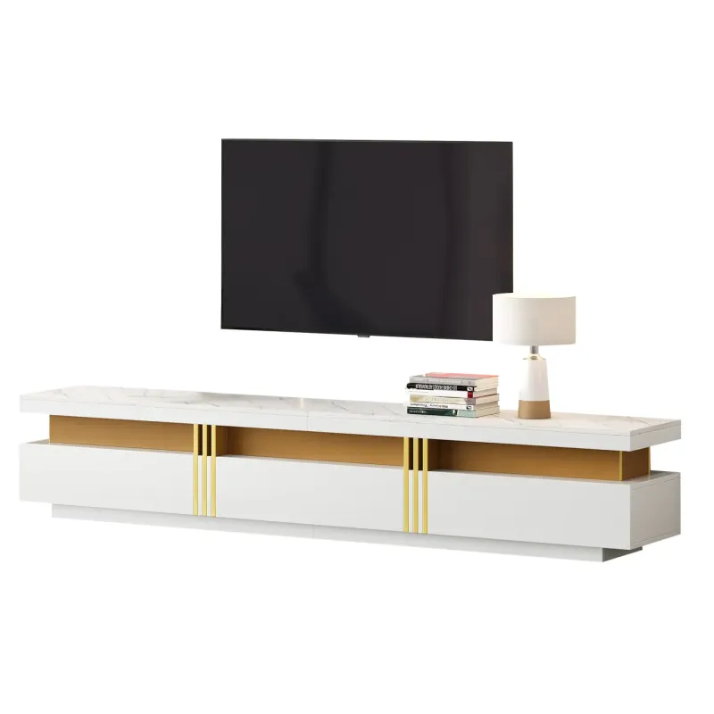 White 200cm TV Stand with Faux Marble Top and Gold Details for TVs up to 89 Inches