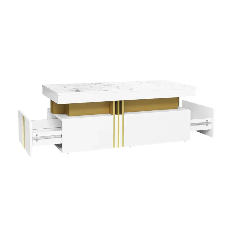 Modern White Rectangular Coffee Table with Marble-Effect Top and 2 Drawers