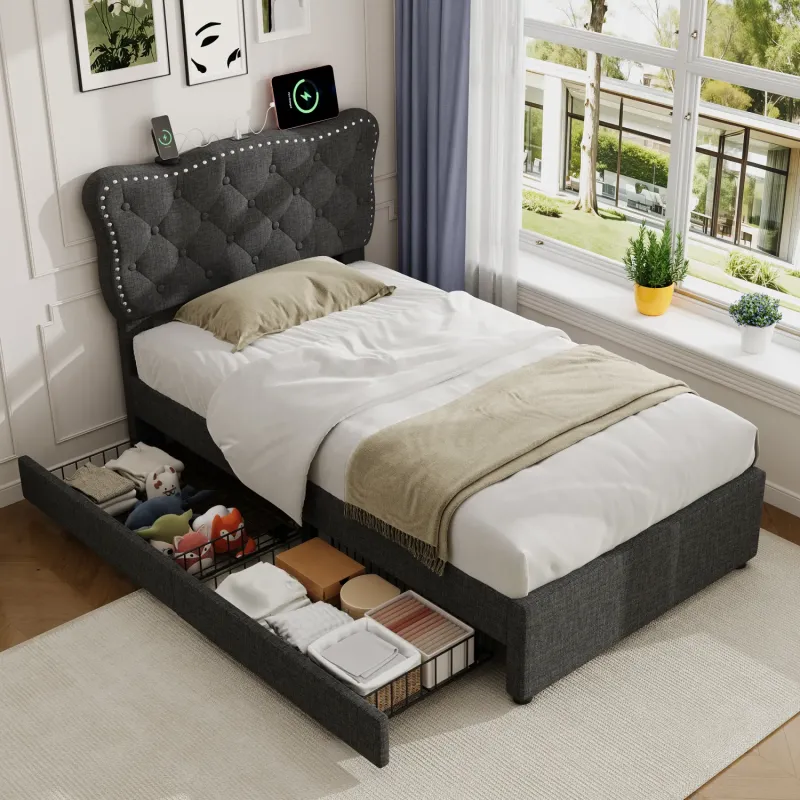 3ft Single Grey Linen Upholstered Bed Frame with Storage and Charging Station