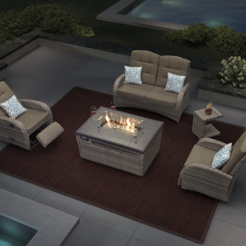 4 Seater Rattan Garden Sofa Set with Rectangular Fire Pit Table and Side Table