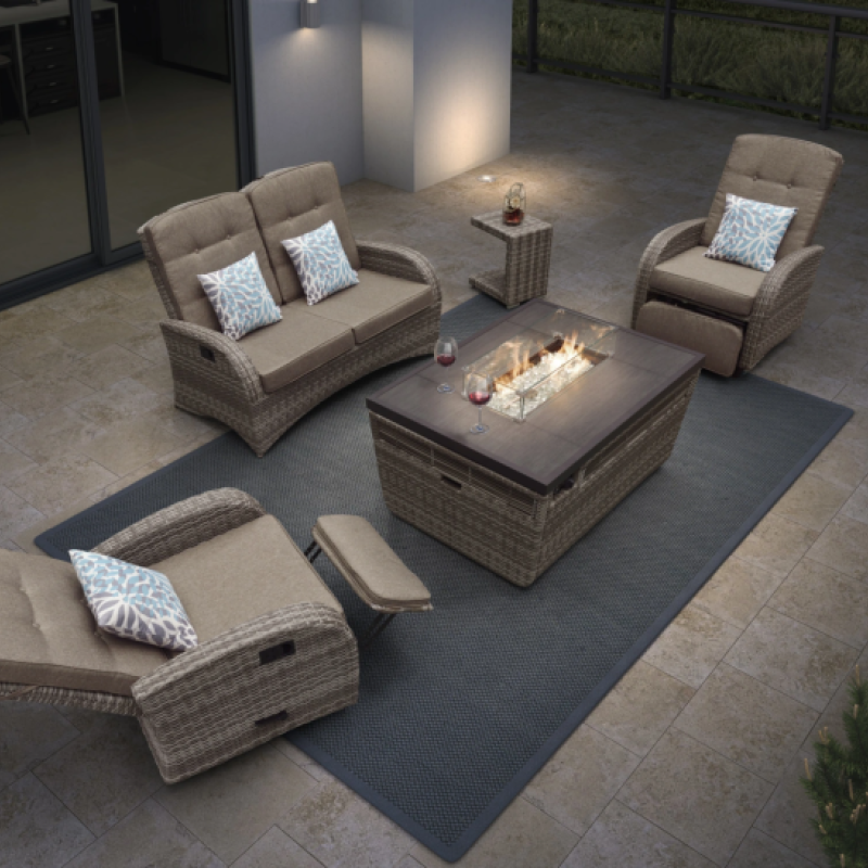 Toulon 4 Seater Rattan Garden Sofa Set with Rectangular Fire Pit Table and Side Table