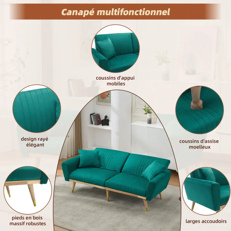 Fleece Sofa Bed, 197.5cm, in Peacock Green, with Adjustable Backrest and Solid Wood Legs