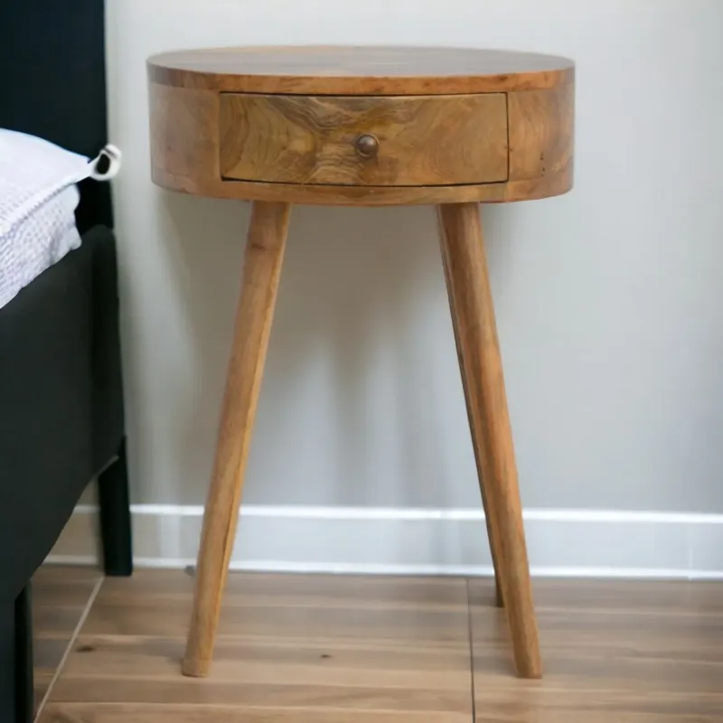 Nordic Solid Mango Wood Round Bedside Table with 1 Drawer - Oak Finish
