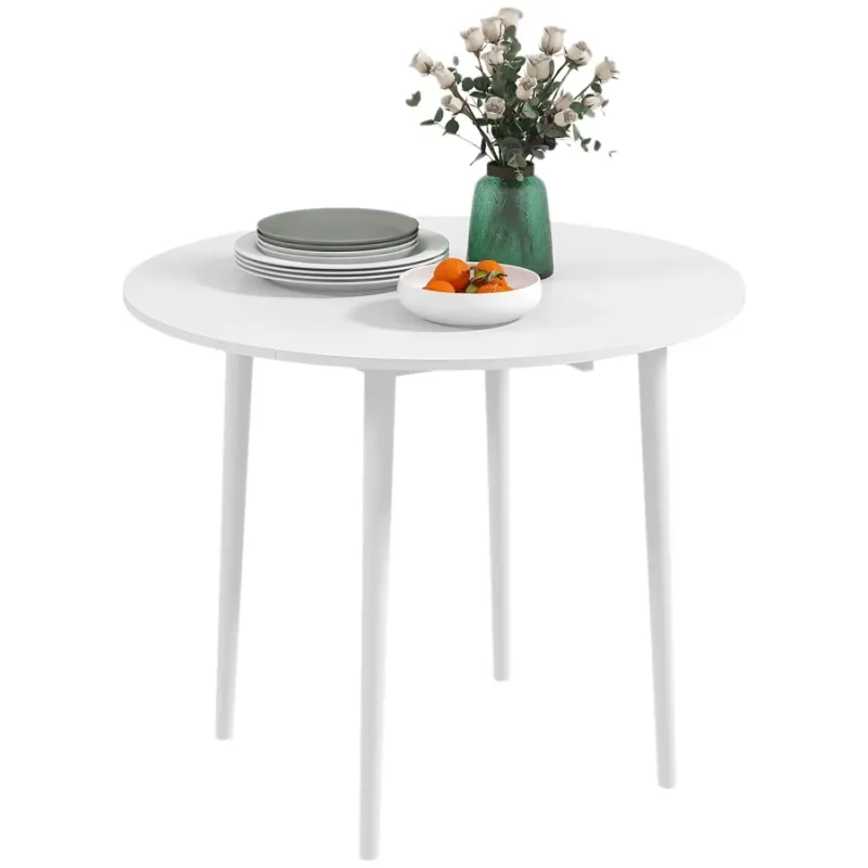 Folding Round Dining Table with Solid Wood Legs, White