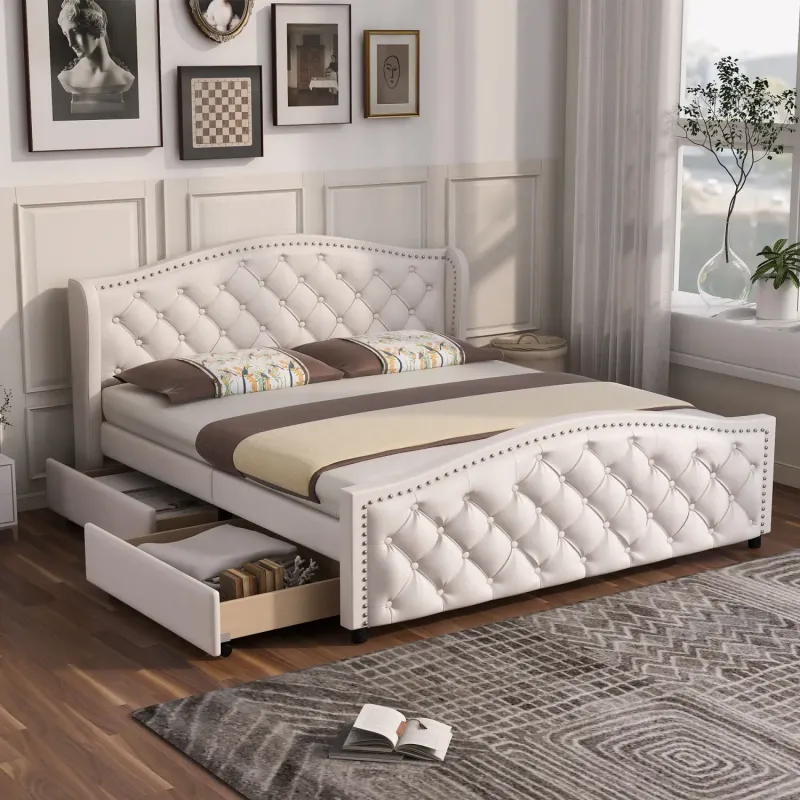 Chesterfield Upholstered Double Storage Bed Frame with 2 Drawers - White Faux Leather