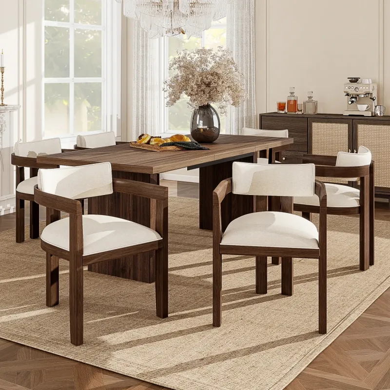 Set of 6 Solid Wood Dining Chairs with Armrests, Walnut and Beige Linen