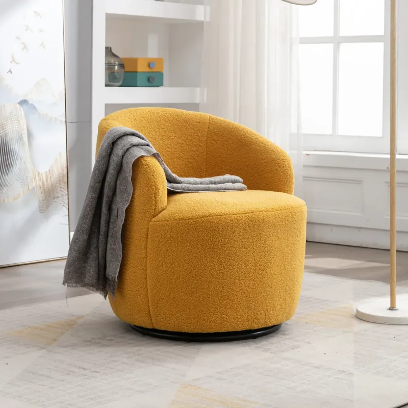 Yellow Teddy Fabric Swivel Accent Barrel Chair with Black Metal Base