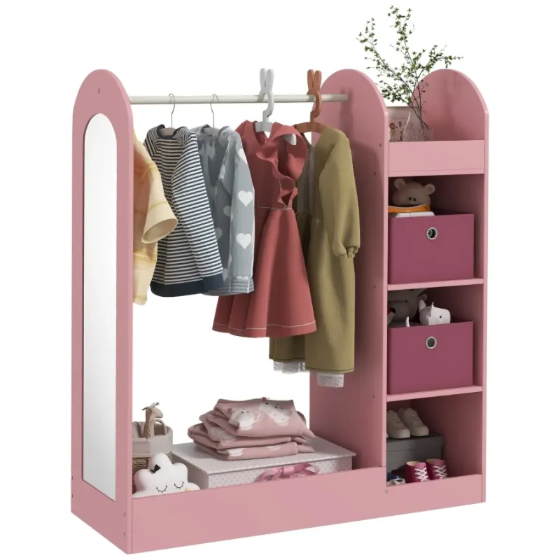 Kids Clothes Rail with Storage Shelves and Mirror - Pink