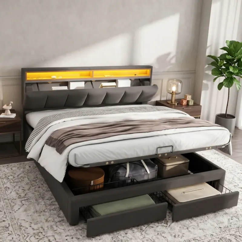 Upholstered King Size Storage Bed with LED Headboard, Grey Linen