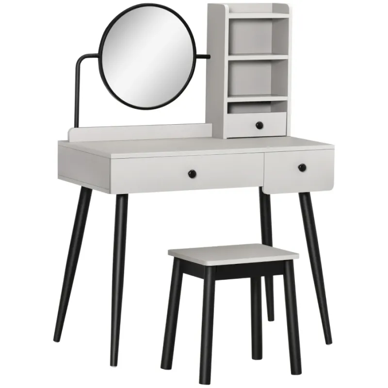 Grey Dressing Table with Mirror, Stool and 3 Drawers