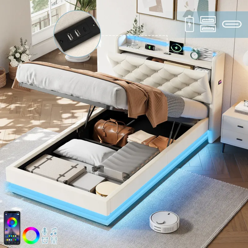 3ft Single Upholstered Ottoman Bed Frame with LED Headboard and Charging Station - Beige